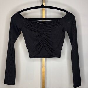 Black Ruched Off-Shoulder Crop Top